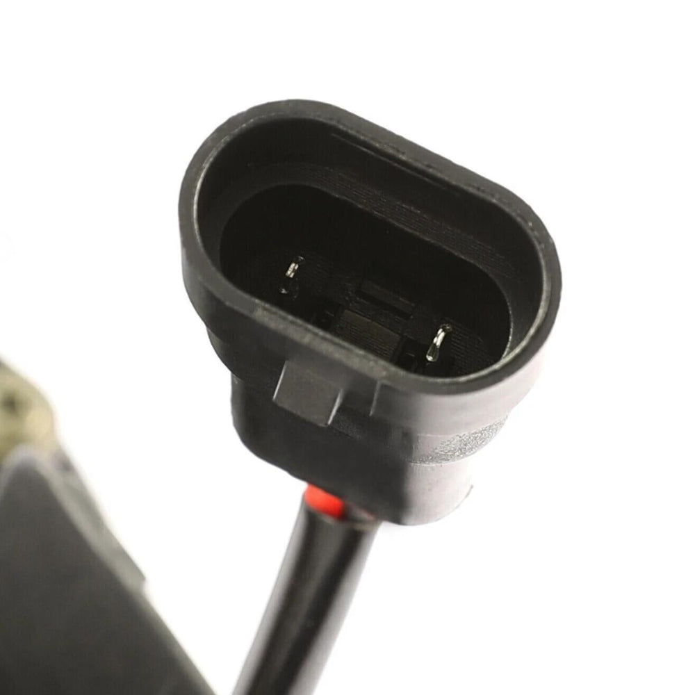 Black electrical connector with a red indicator on a white background