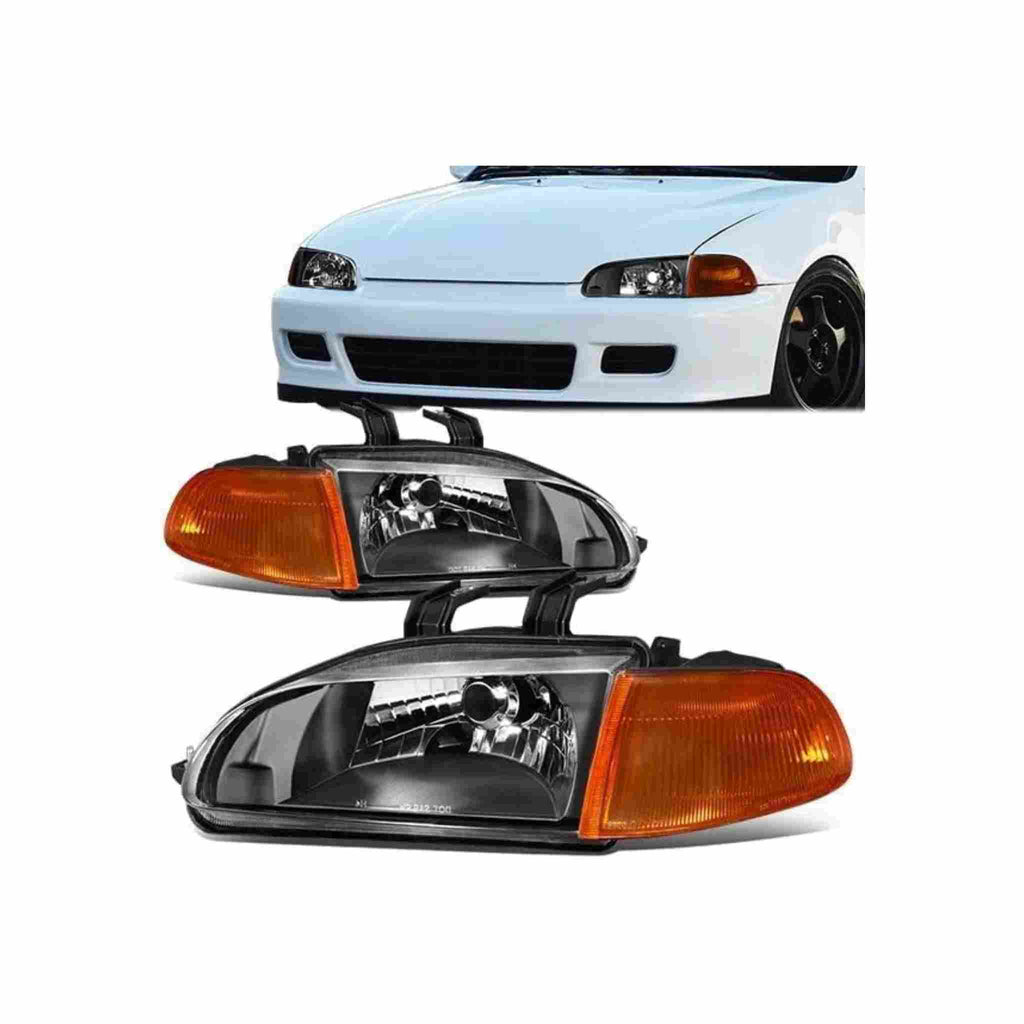 For 1992-1995 Honda Civic Housing Black Headlamp Amber Corner Headlight Left+Right