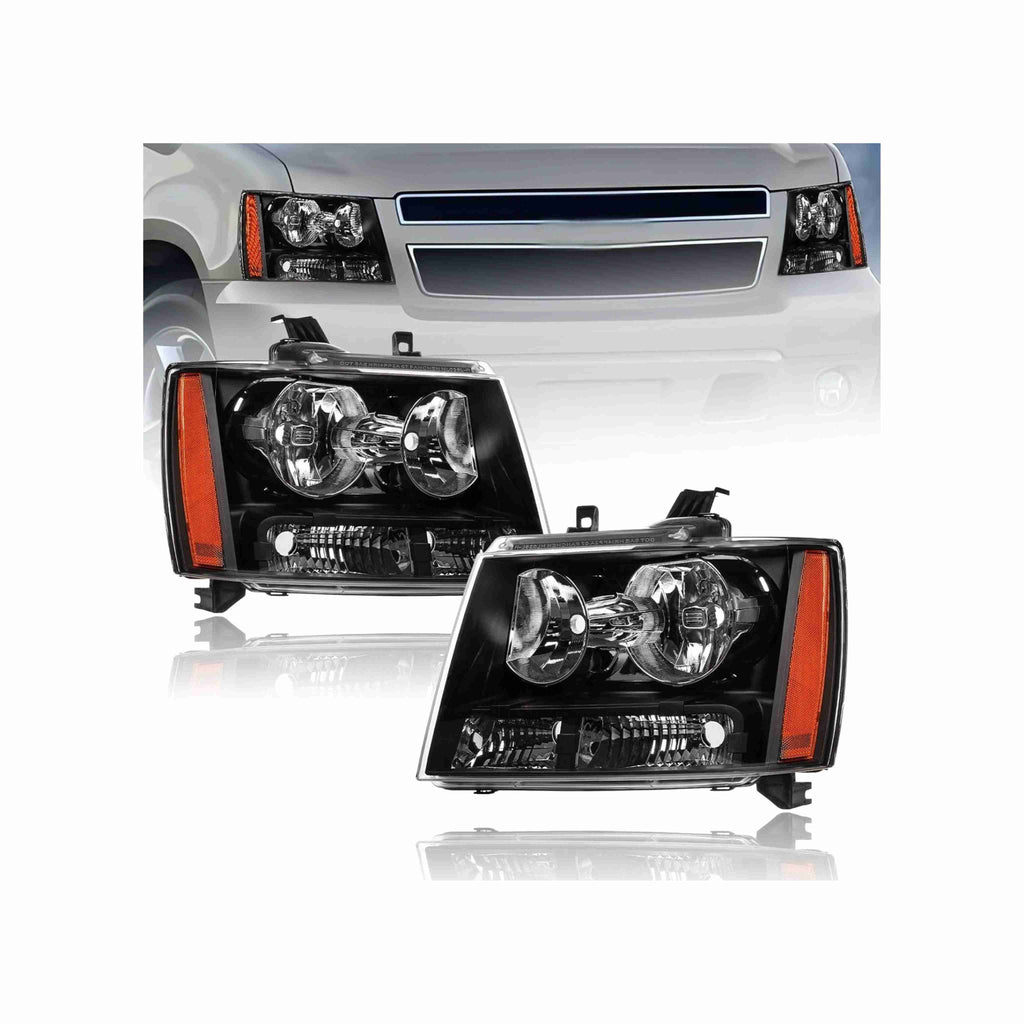 For 2007-2014 Chevrolet Tahoe Suburban Avalanche Black Headlamps Clear Lens Headlights Left+Right