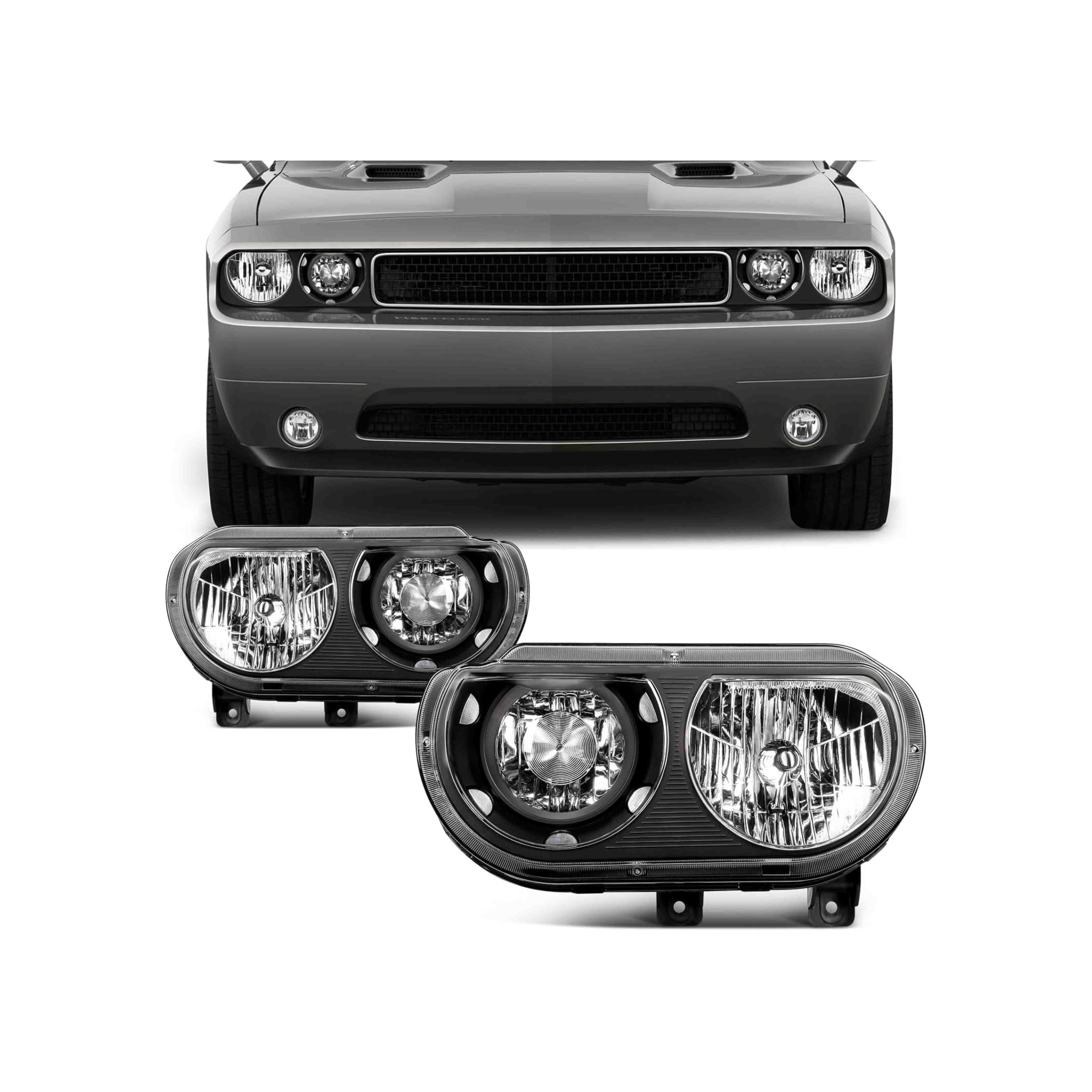 For 2008-2014 Dodge Challenger Black Headlight Halogen Assembly Lamps Left+Right