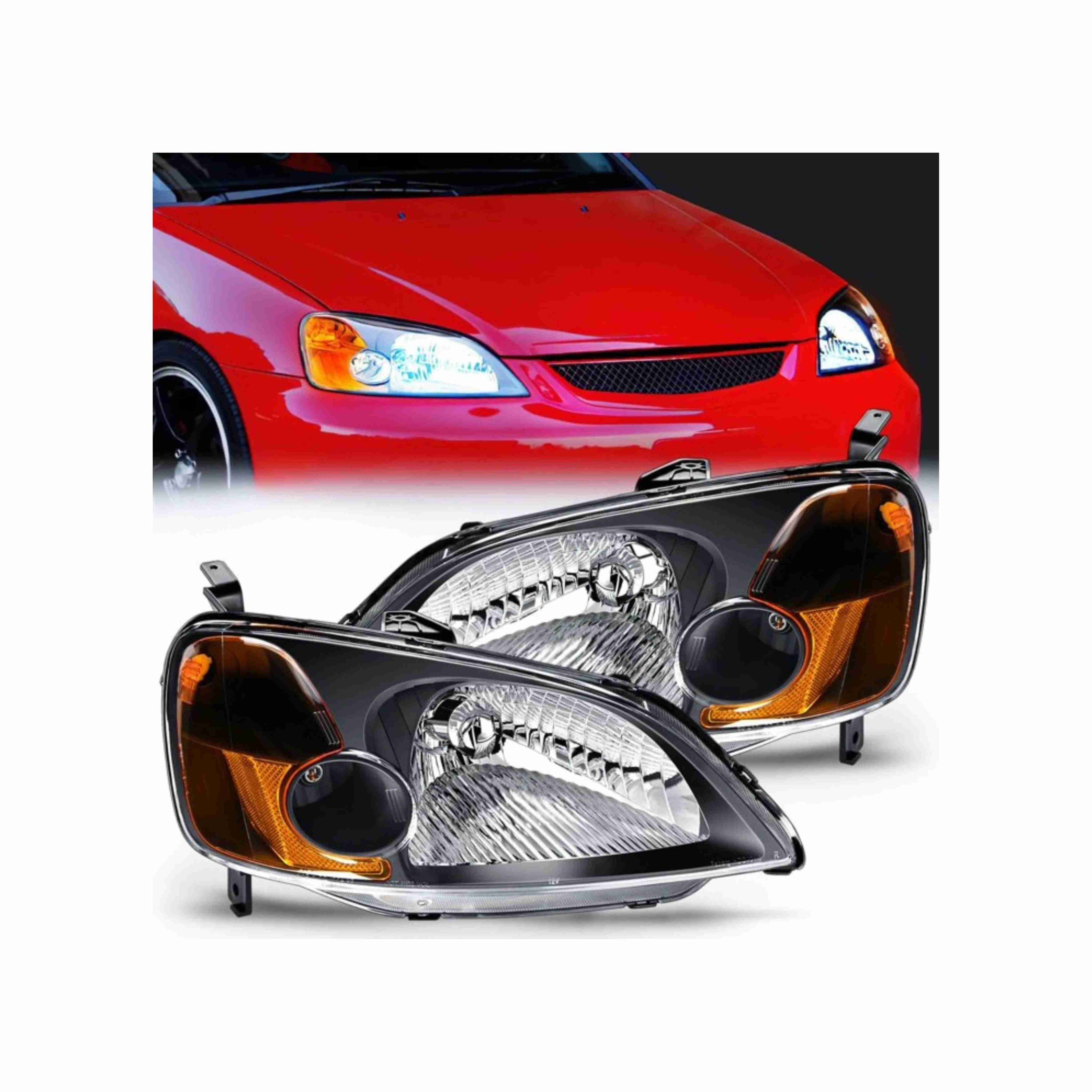 For 2001-2003 Honda Civic 2 Dr Coupe 4 Dr Sedan Clear Lens Headlights Assembly Black Housing Lamps Left+Right