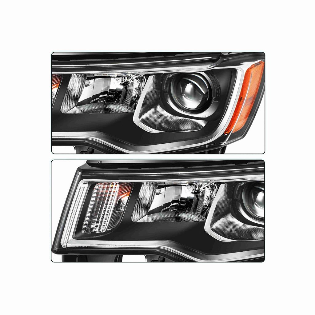 For 2017-2021 Jeep Grand Cherokee Halogen Headlight Clear Lens Trim Chrome Housing Black Left+Right