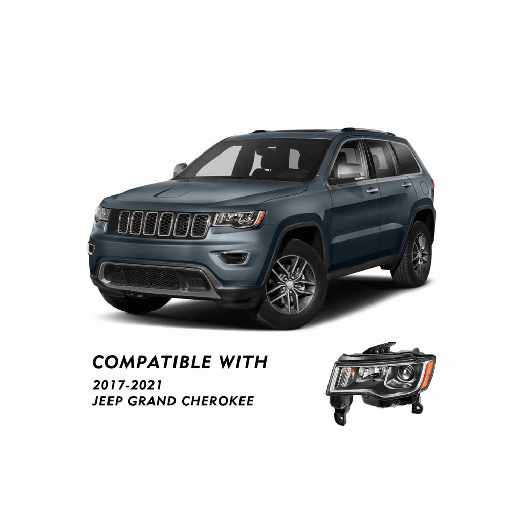 For 2017-2021 Jeep Grand Cherokee Halogen Headlight Clear Lens Trim Chrome Housing Black Left+Right