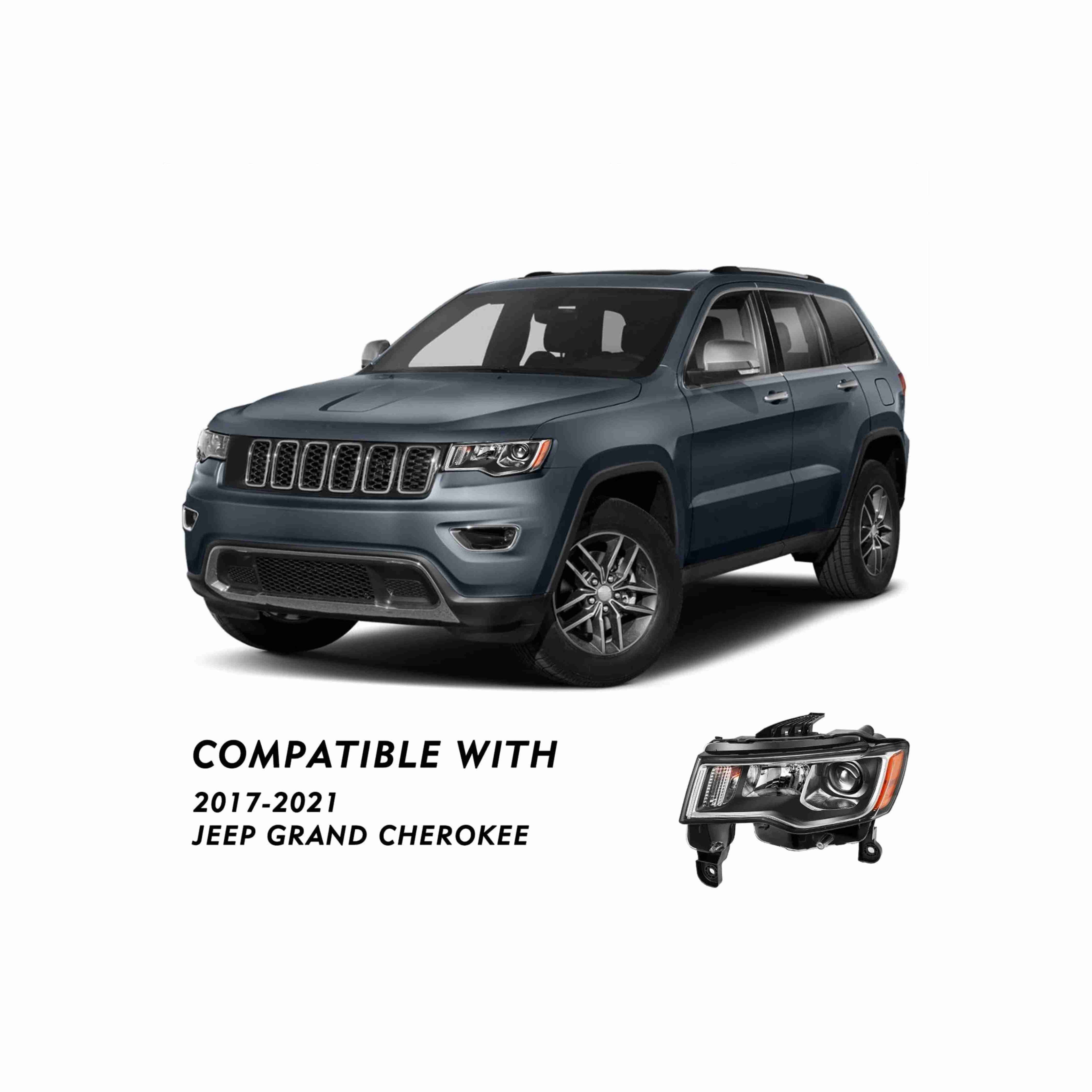 For 2017-2021 Jeep Grand Cherokee Halogen Headlight Clear Lens Trim Chrome Housing Black Left+Right
