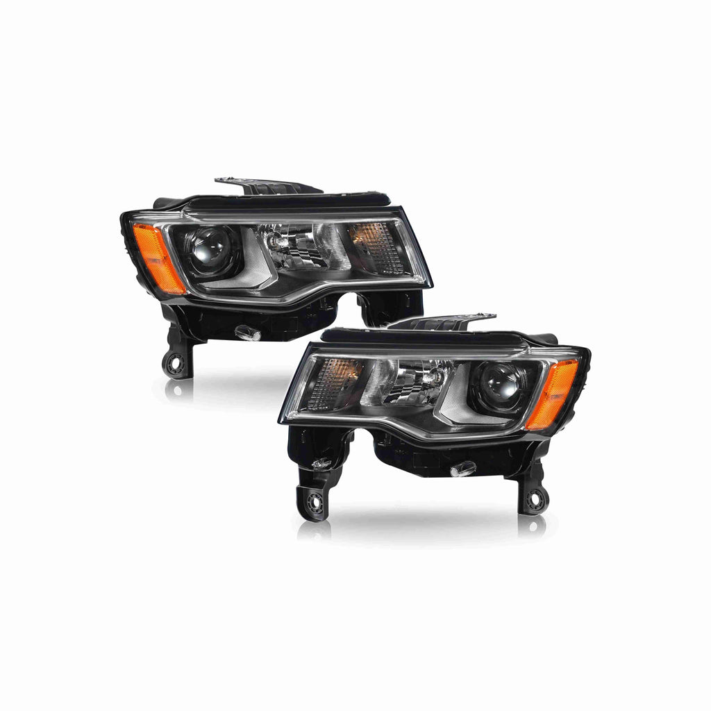 For 2017-2021 Jeep Grand Cherokee Halogen Headlight Clear Lens Trim Chrome Housing Black Left+Right