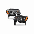 For 2017-2021 Jeep Grand Cherokee Halogen Headlight Clear Lens Trim Chrome Housing Black Left+Right