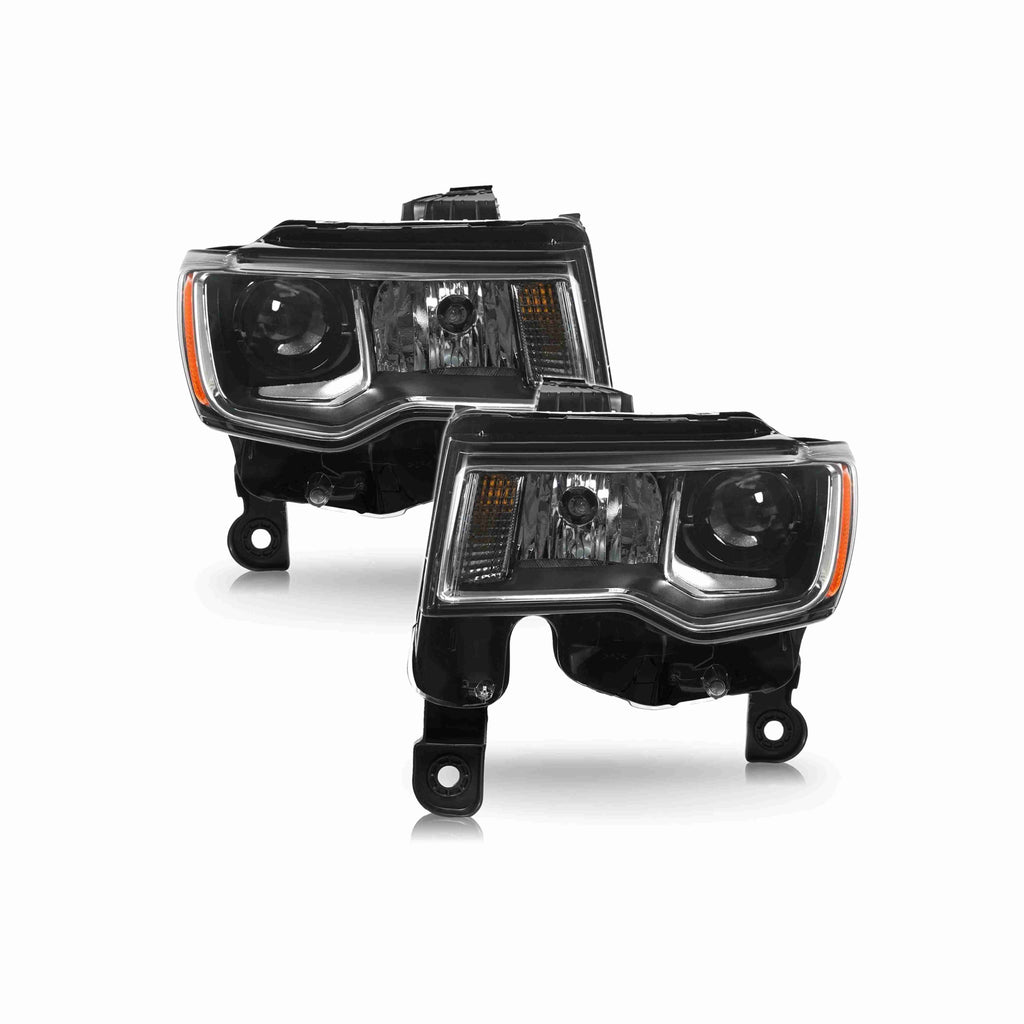 For 2017-2021 Jeep Grand Cherokee Halogen Headlight Clear Lens Trim Chrome Housing Black Left+Right