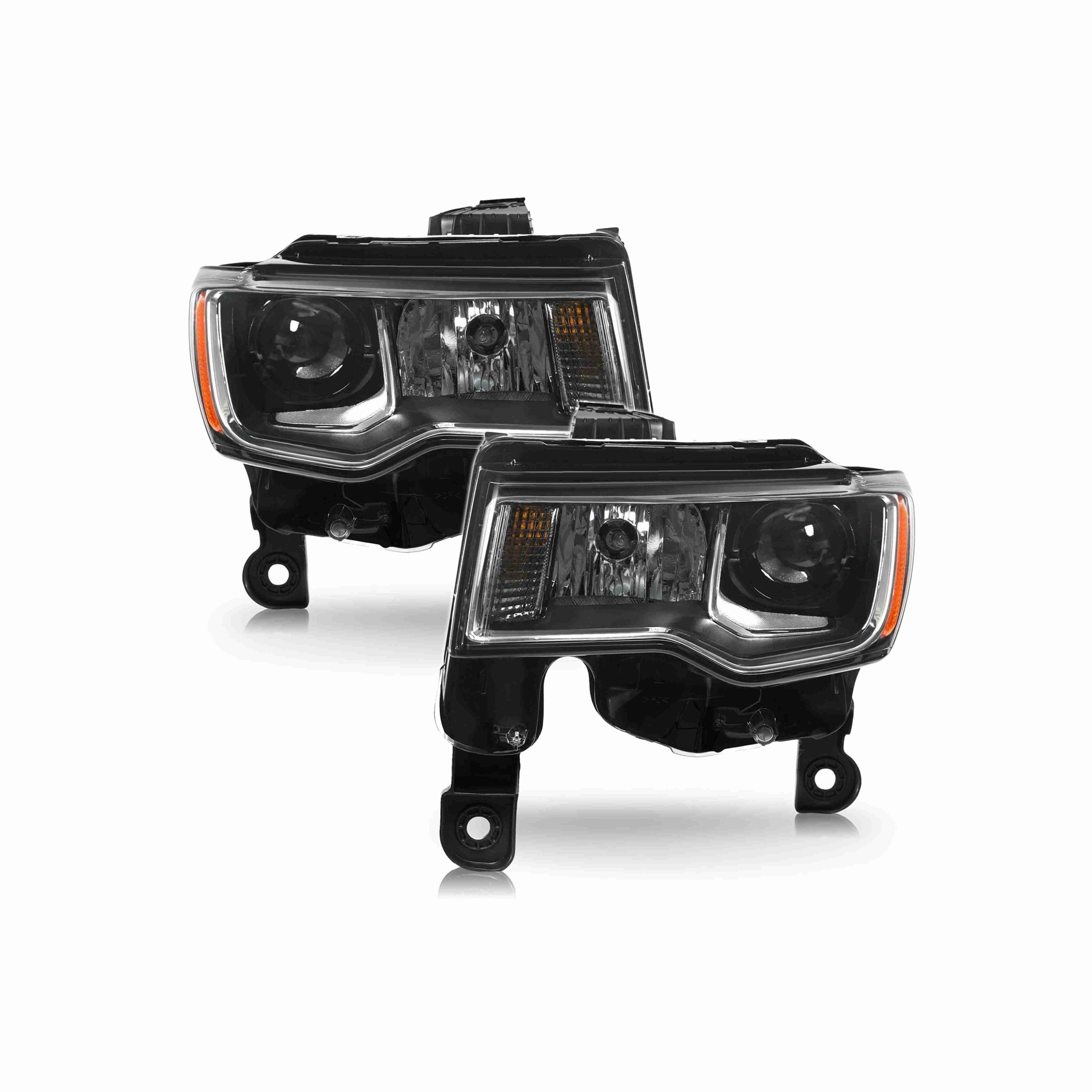 For 2017-2021 Jeep Grand Cherokee Halogen Headlight Clear Lens Trim Chrome Housing Black Left+Right