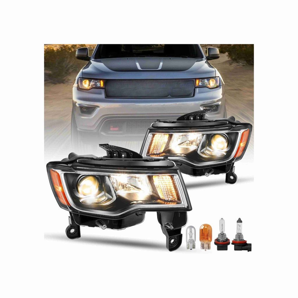 For 2017-2021 Jeep Grand Cherokee Halogen Headlight Clear Lens Trim Chrome Housing Black Left+Right