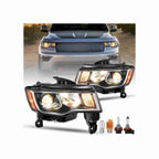 For 2017-2021 Jeep Grand Cherokee Halogen Headlight Clear Lens Trim Chrome Housing Black Left+Right