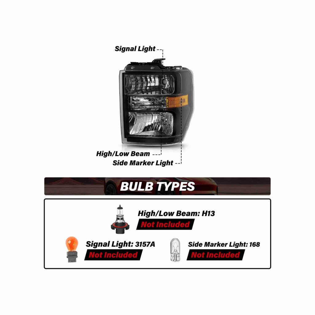 For 2008-2019 Ford E-350 Super Duty 08-14 E-150 Headlight Lamp Black Left+Right