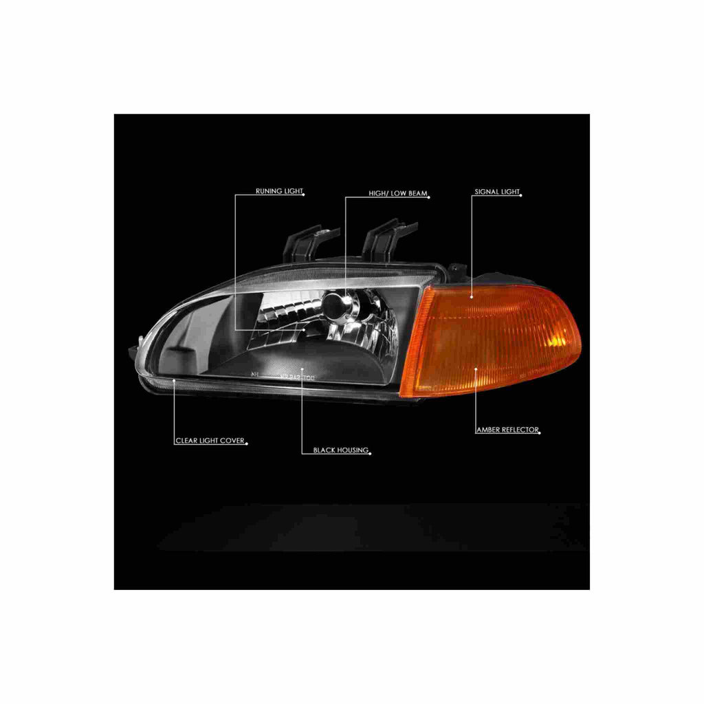 For 1992-1995 Honda Civic Housing Black Headlamp Amber Corner Headlight Left+Right