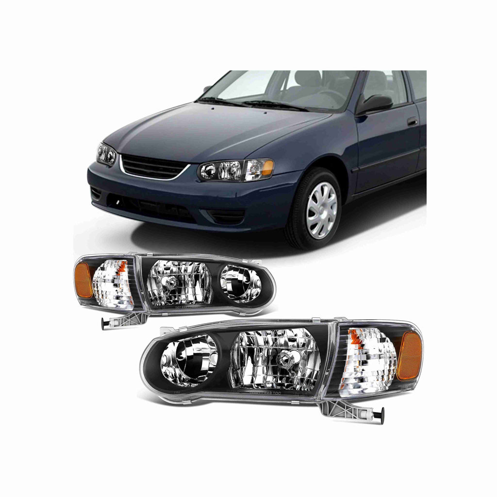 For 2001-2002 Toyota Corolla JDM Clear Lens Headlight Headlamp Housing Black+Corner Lights 4 Pc Left+Right
