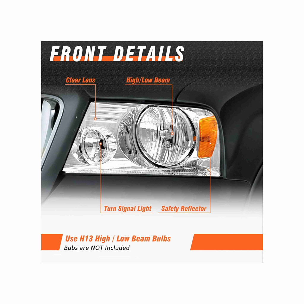 For 04-08 Ford F-150 Lincoln 06-08 Mark LT Headlight HeadLamps Chrome Left+Right