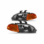 For 1992-1995 Honda Civic Housing Black Headlamp Amber Corner Headlight Left+Right