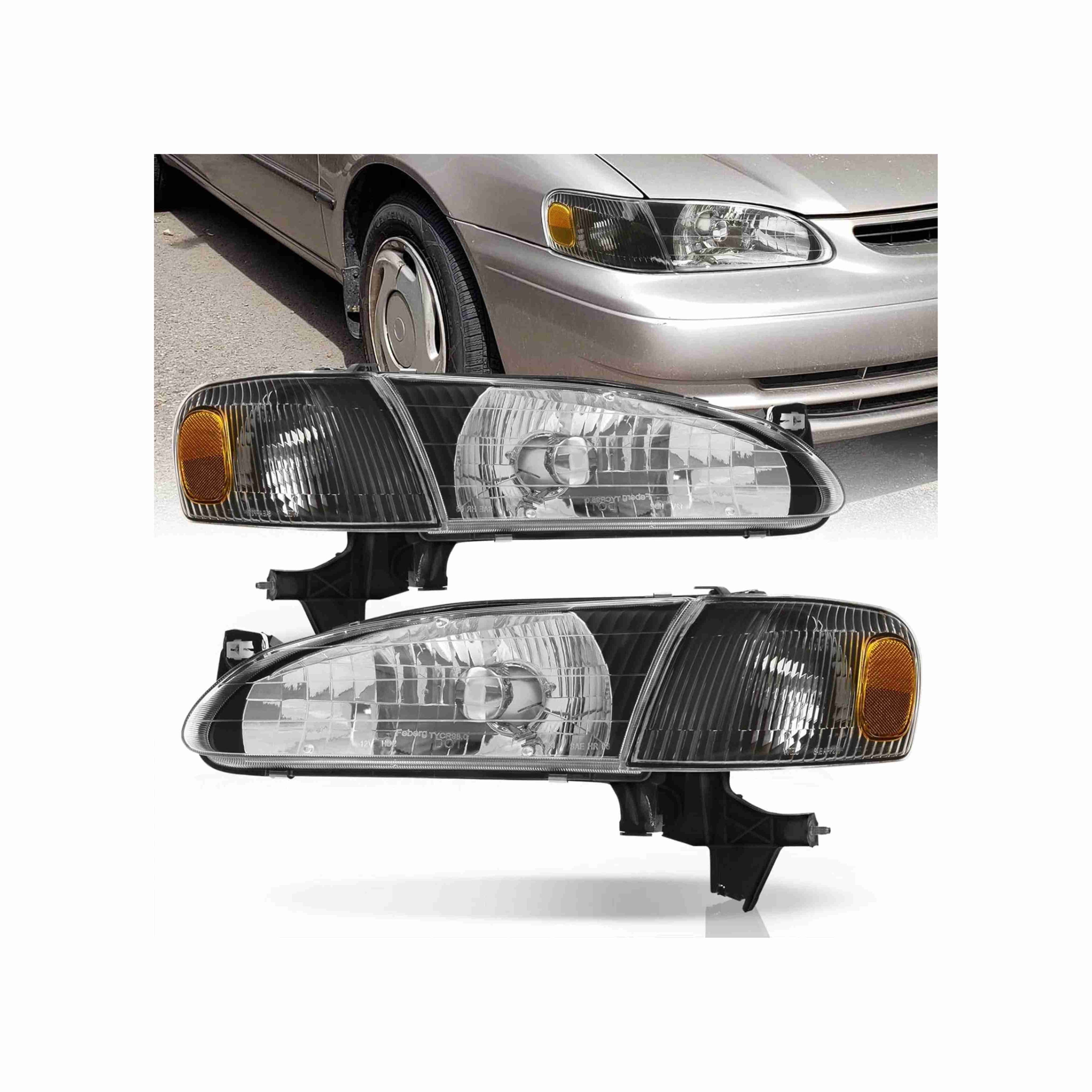 For 1998-2000 Toyota Corolla Black Housing Headlamp Clear Headlight Left+Right