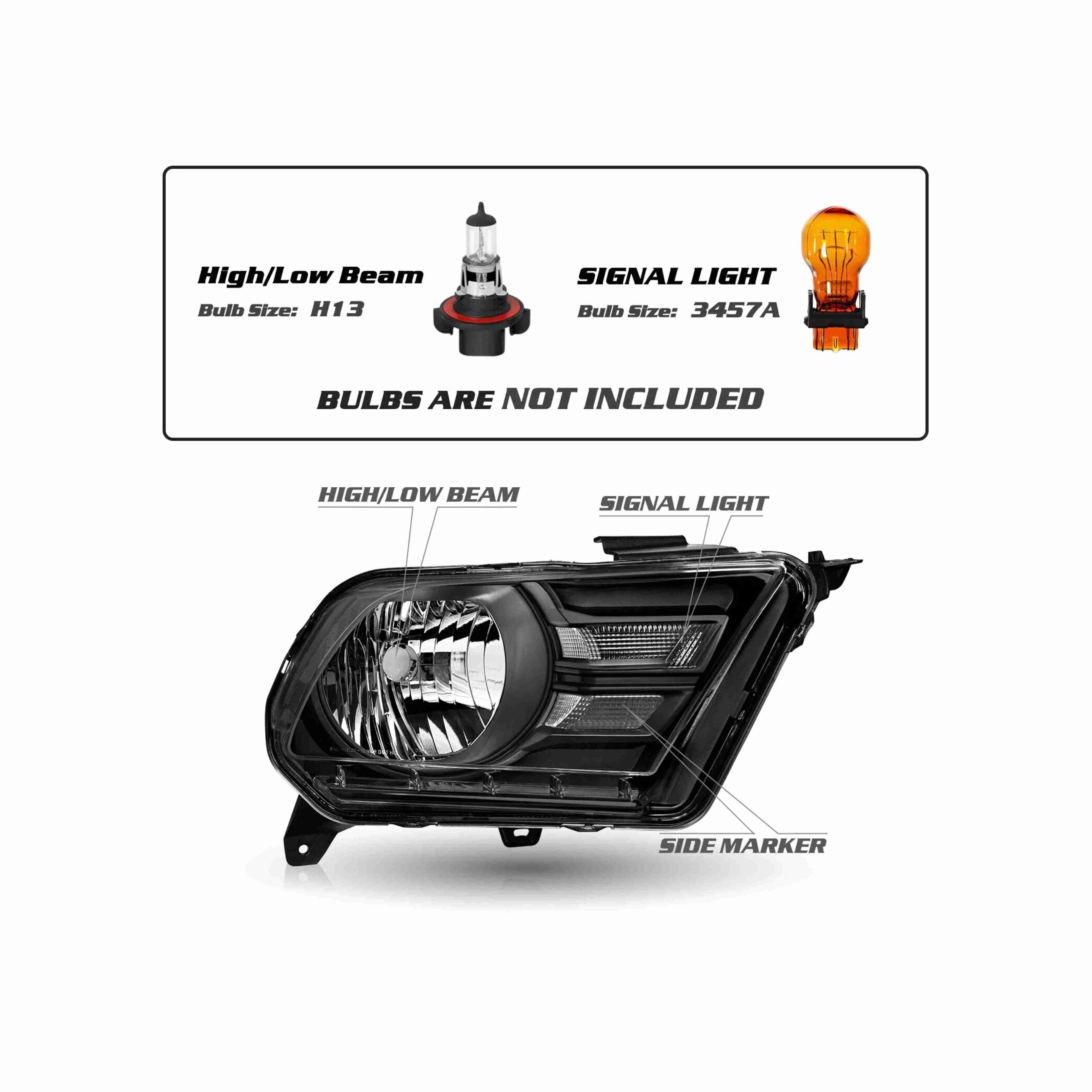 For 2010-2014 Ford Mustang Black Housing Headlight Chrome Corner Lamp Left+Right