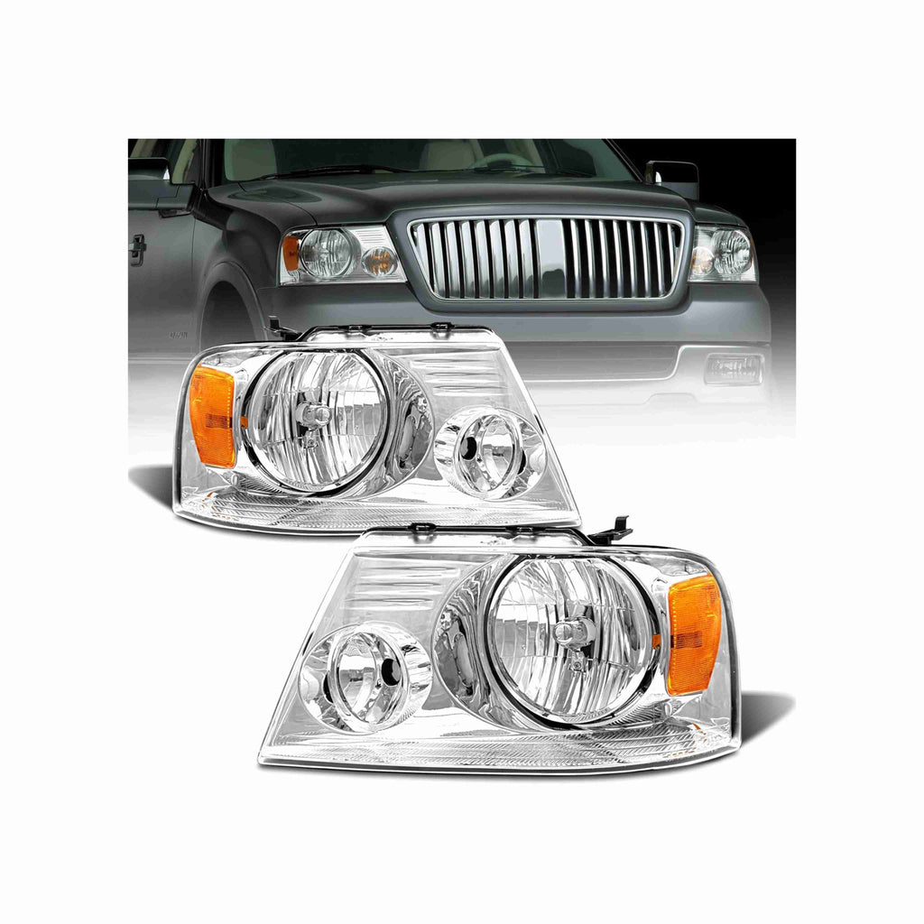 For 04-08 Ford F-150 Lincoln 06-08 Mark LT Headlight HeadLamps Chrome Left+Right