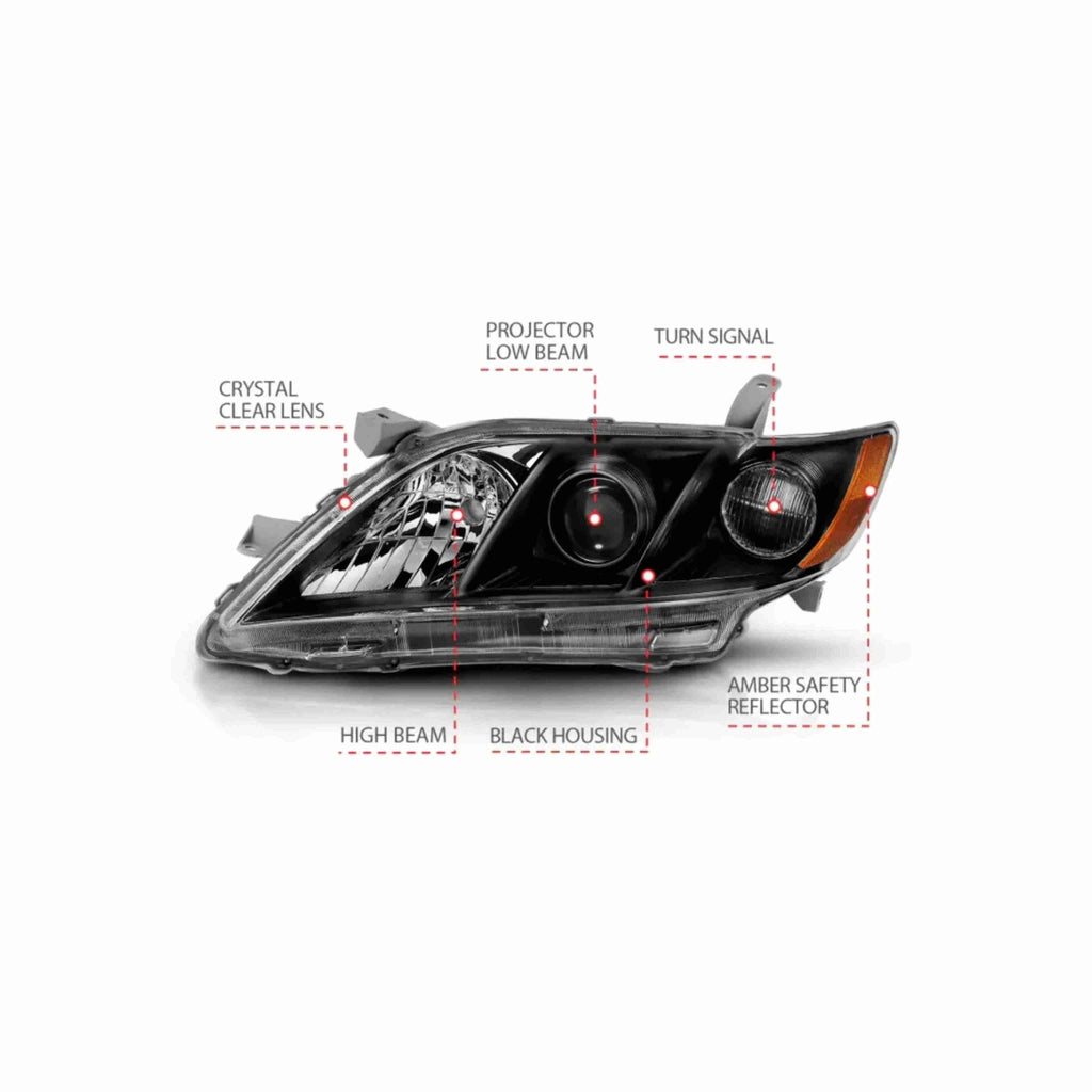 For 2007-2009 Toyota Camry Projector Clear Headlight Black Headlamp Left+Right