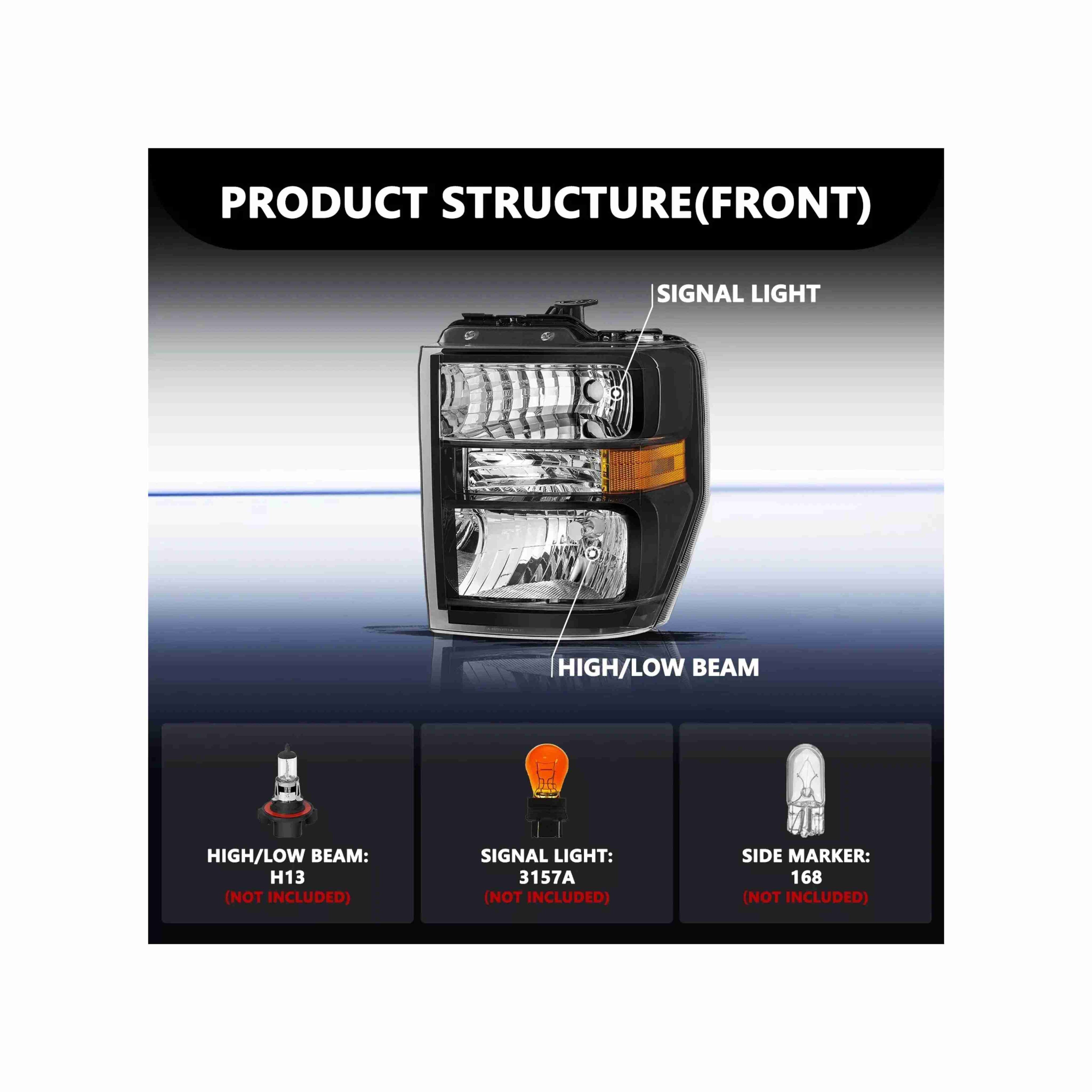For 2008-2019 Ford E-350 Super Duty 08-14 E-150 Headlight Lamp Black Left+Right