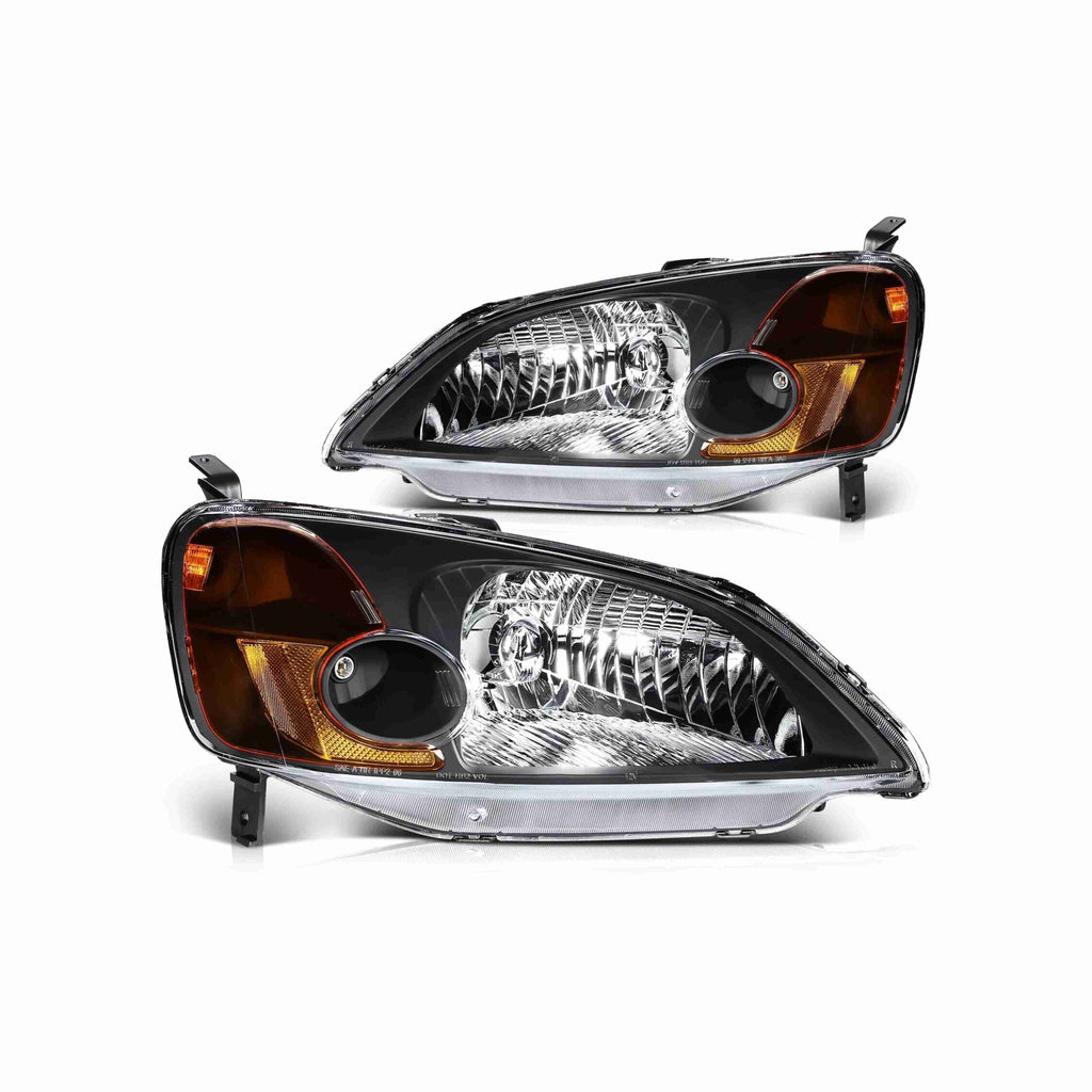 For 2001-2003 Honda Civic 2 Dr Coupe 4 Dr Sedan Clear Lens Headlights Assembly Black Housing Lamps Left+Right