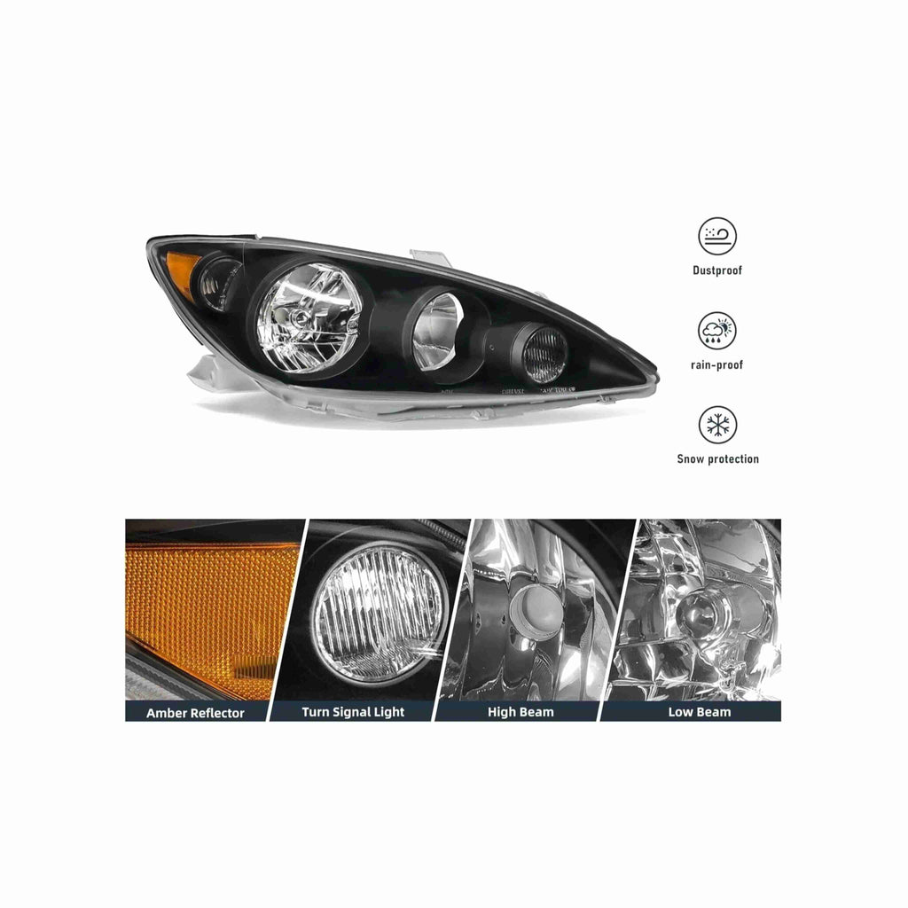 For 2005-2006 Toyota Camry Halogen Clear Lens Headlights Housing Black Headlamps Left+Right