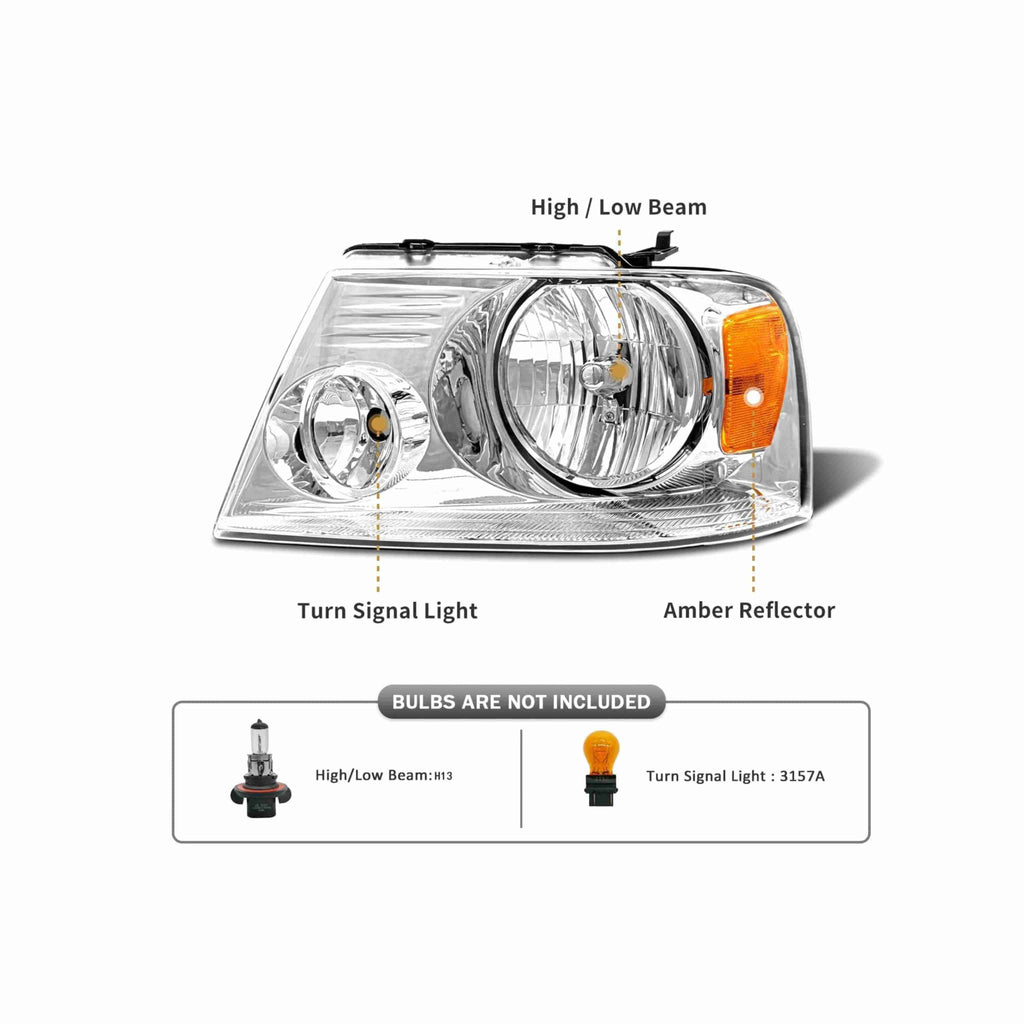 For 04-08 Ford F-150 Lincoln 06-08 Mark LT Headlight HeadLamps Chrome Left+Right