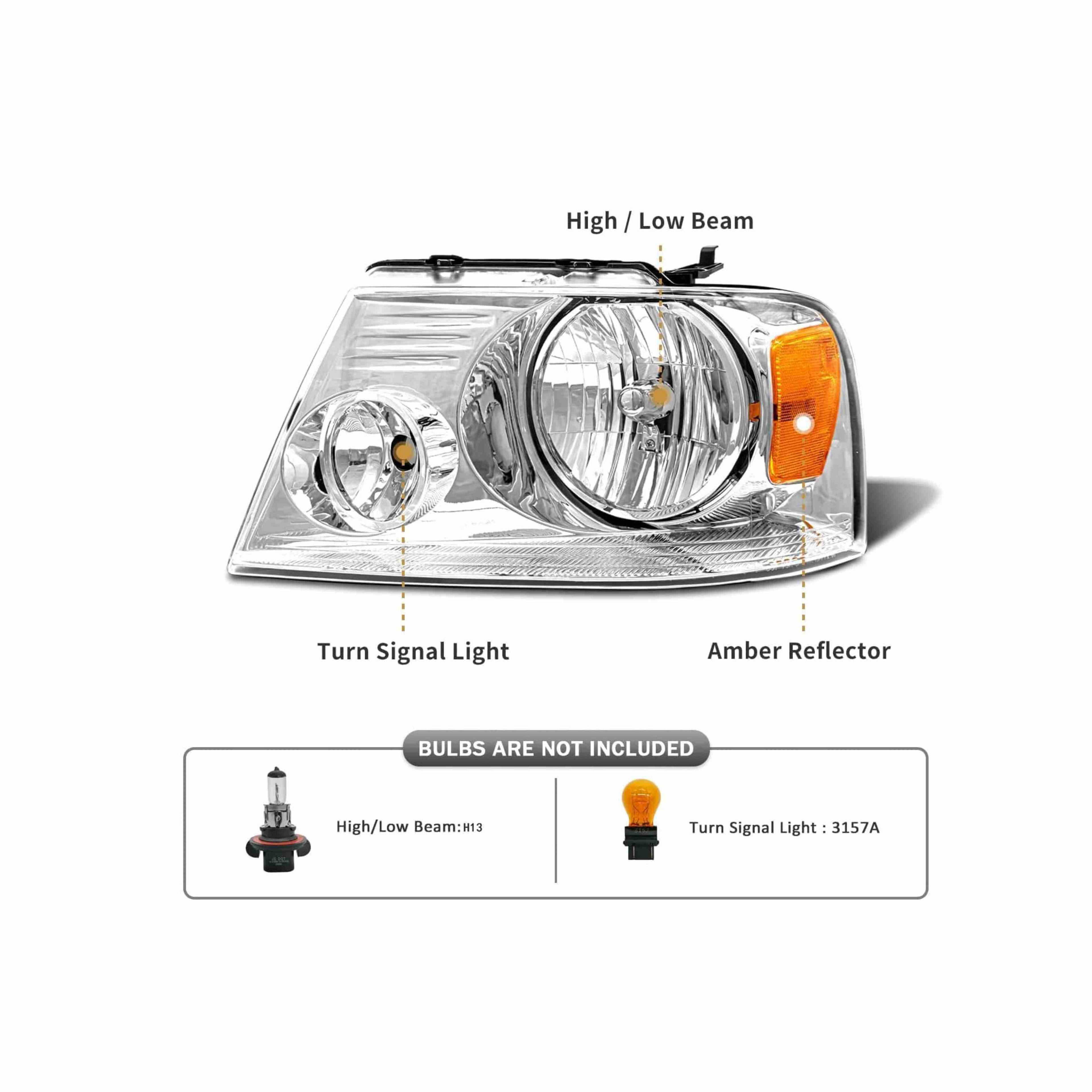 For 04-08 Ford F-150 Lincoln 06-08 Mark LT Headlight HeadLamps Chrome Left+Right
