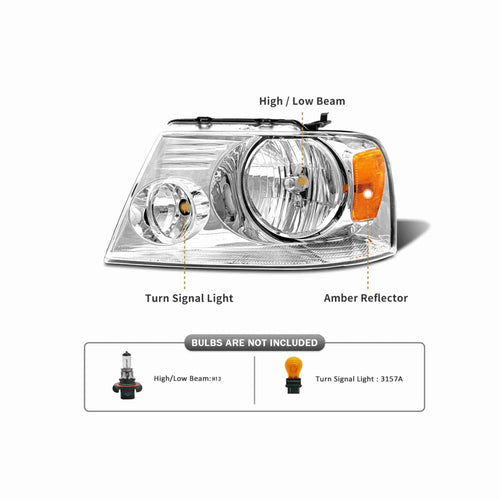 For 04-08 Ford F-150 Lincoln 06-08 Mark LT Headlight HeadLamps Chrome Left+Right