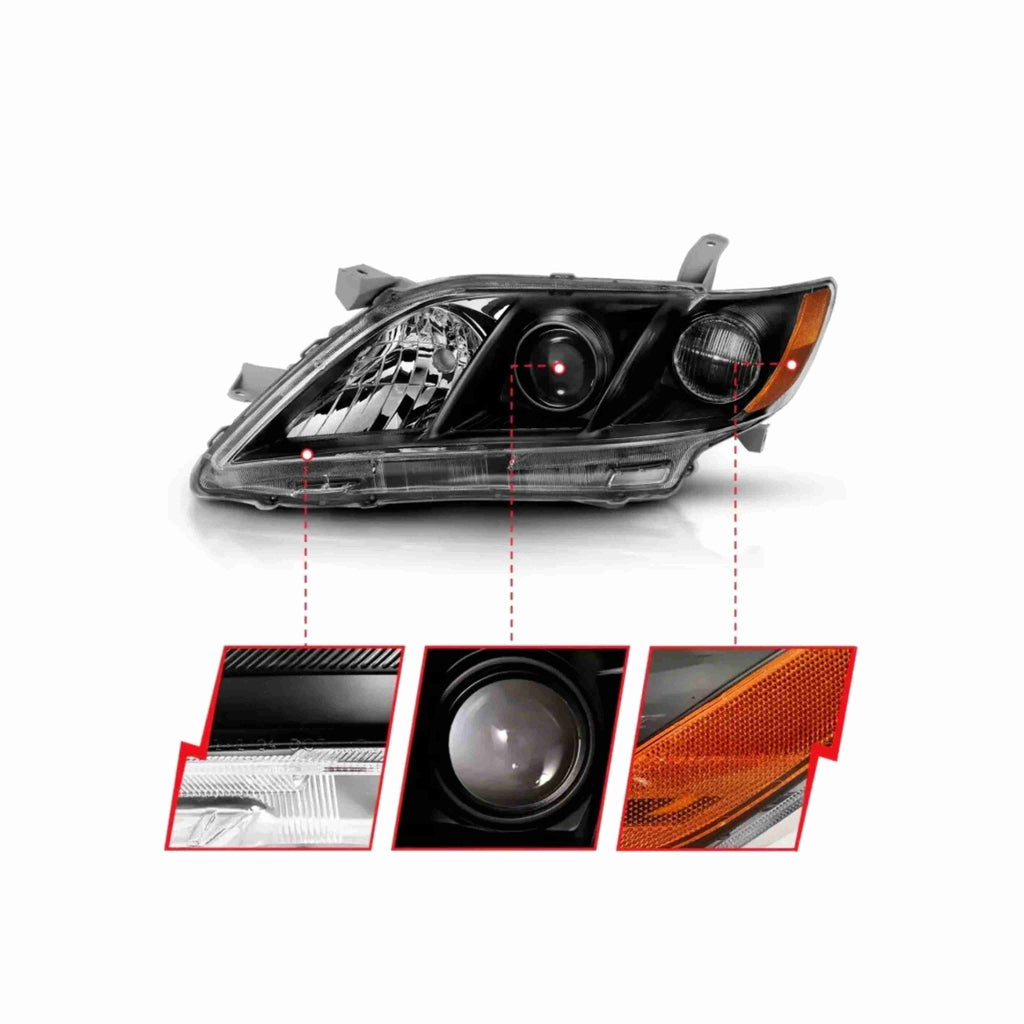 For 2007-2009 Toyota Camry Projector Clear Headlight Black Headlamp Left+Right