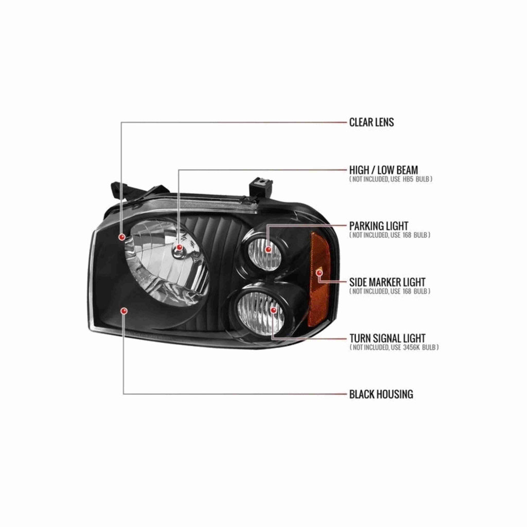 For 2001-2004 Nissan Frontier XE Assembly Headlights Headlamp Black RH+LH Pair