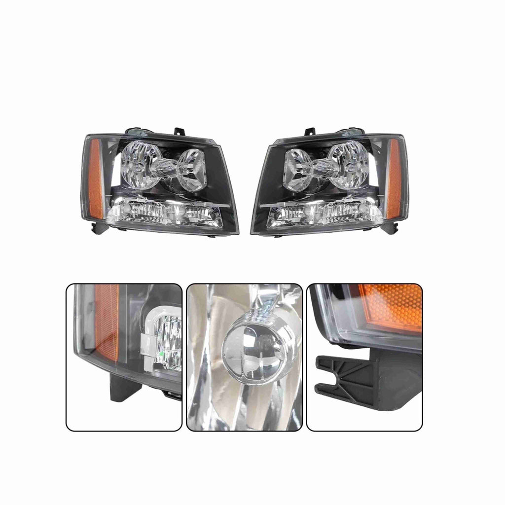 For 2007-2014 Chevrolet Tahoe Suburban Avalanche Black Headlamps Clear Lens Headlights Left+Right