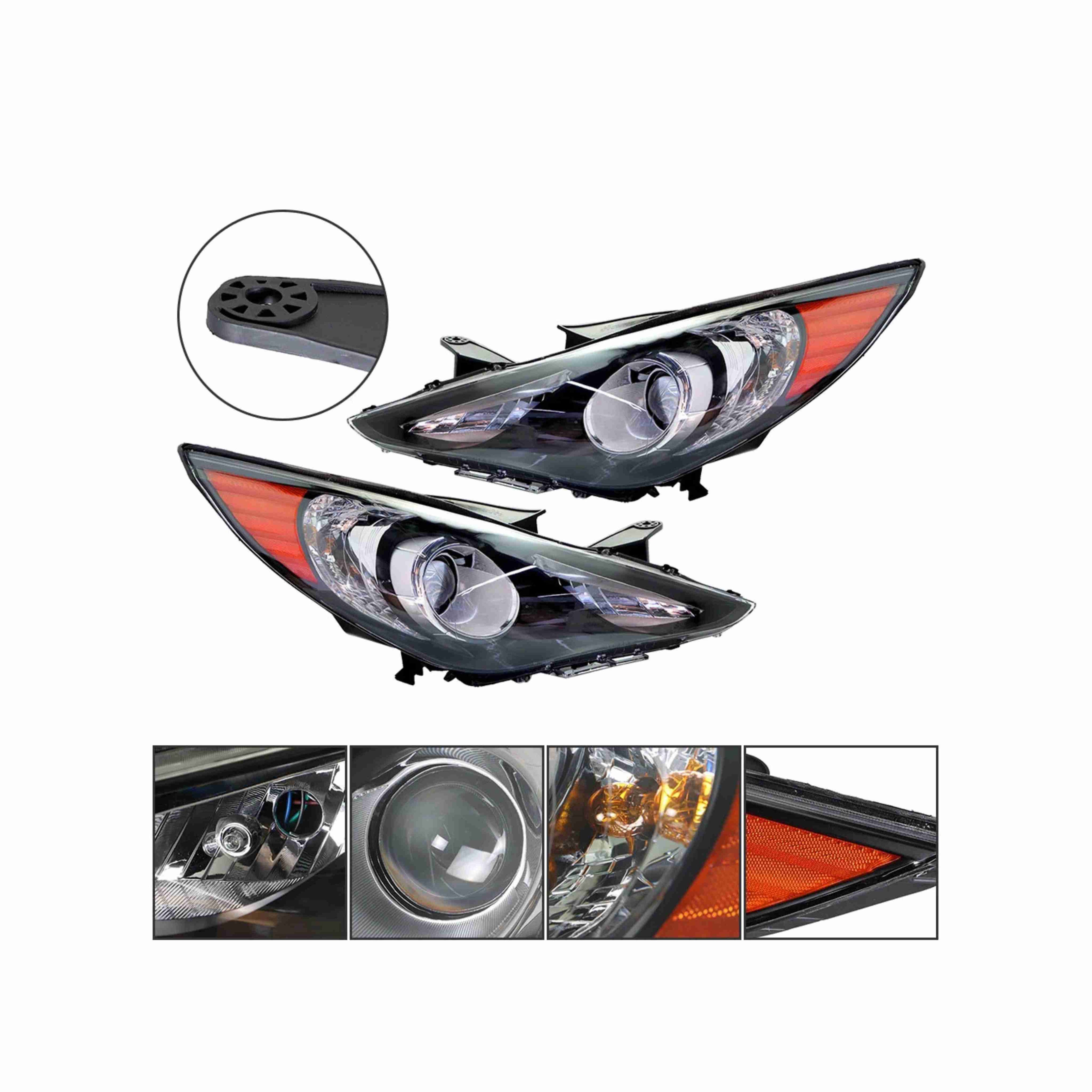 For 2011-2014 Hyundai Sonata Black Headlamp Halogen Clear Headlights Left+Right