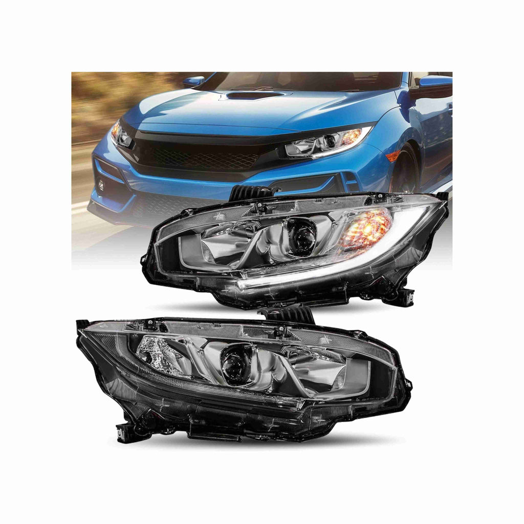 For 2016-2021 Honda Civic Led Light Housing Black Headlamp Clear Lens Headlight Halogen Left+Right