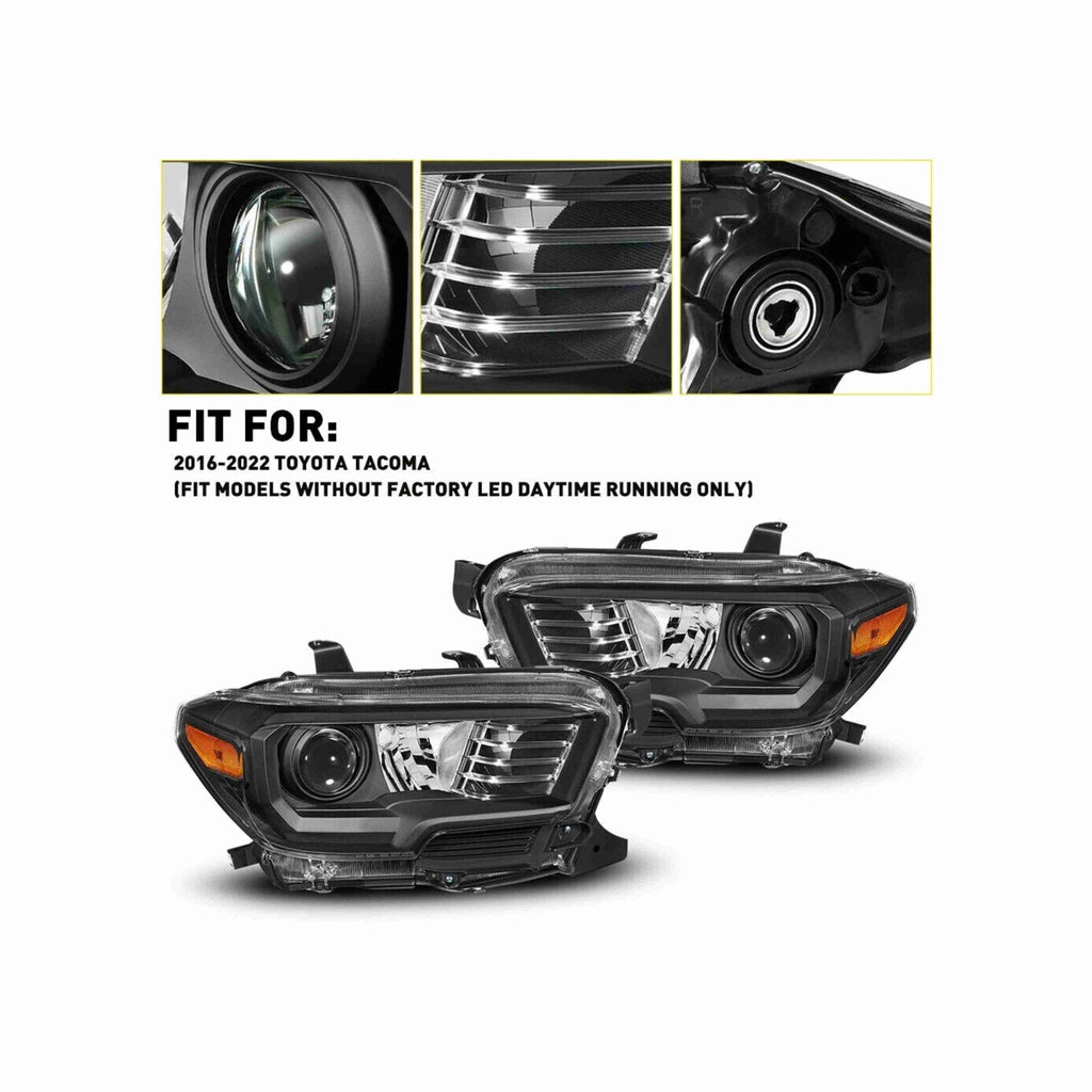 For 16-21 Toyota Tacoma Black Projector Headlight Lamp DRL W/O LED Left+Right