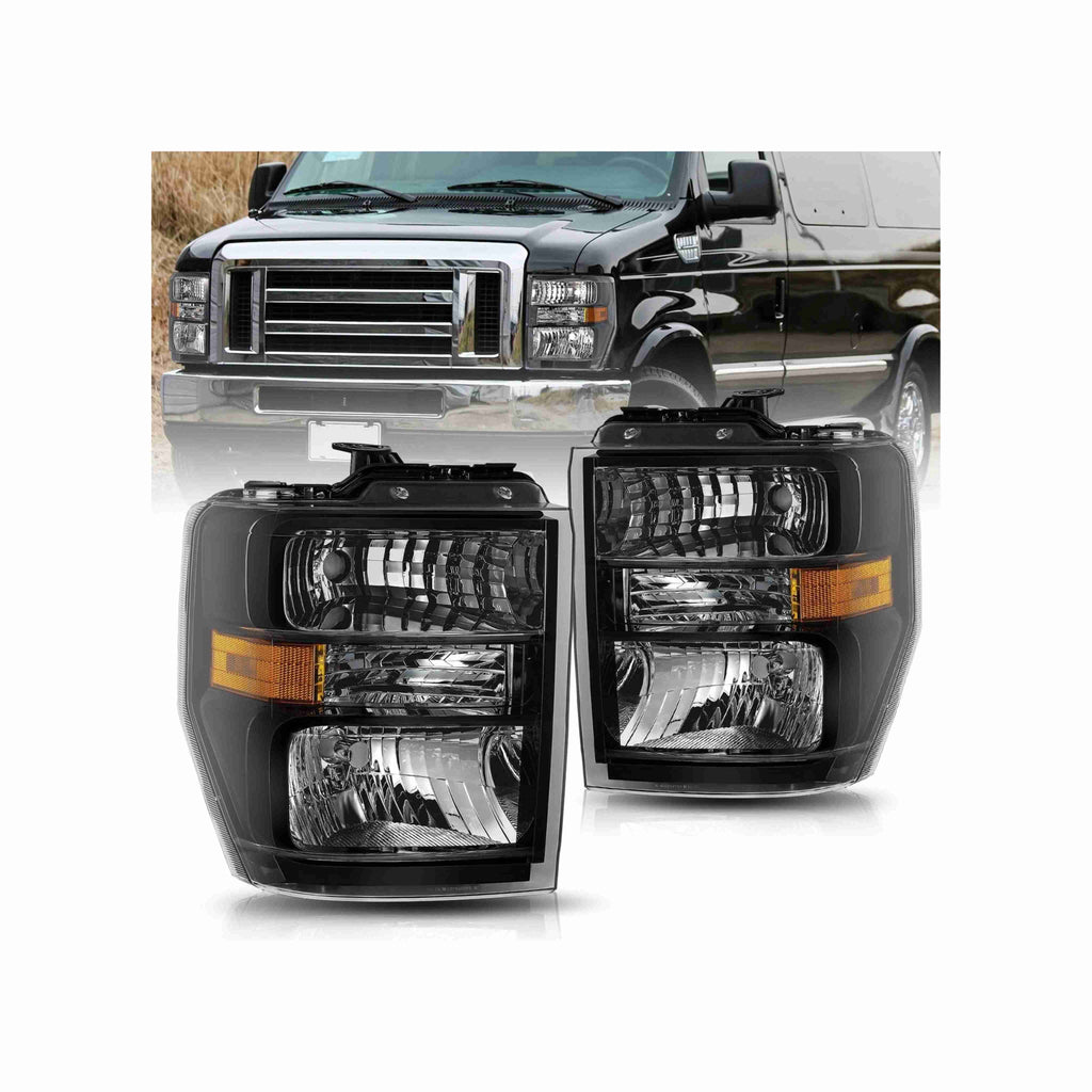 For 2008-2019 Ford E-350 Super Duty 08-14 E-150 Headlight Lamp Black Left+Right