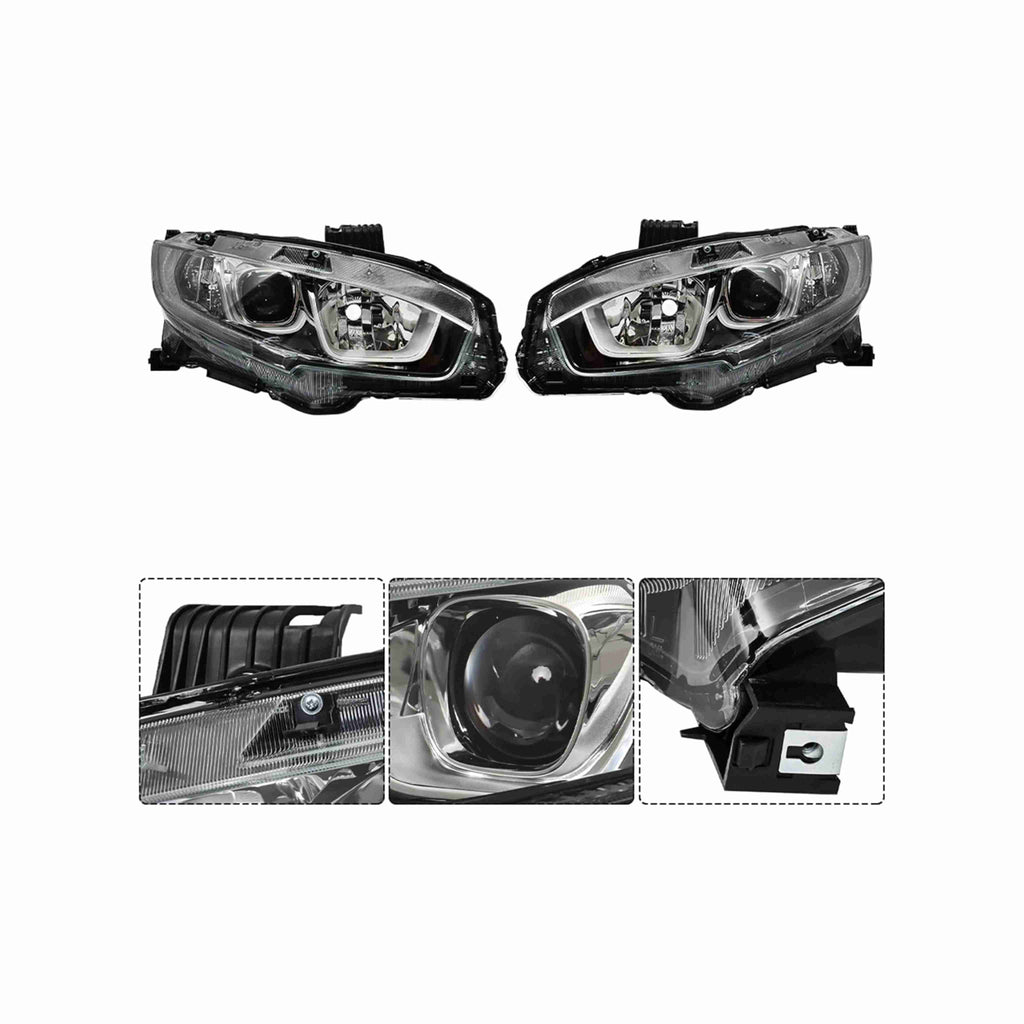 For 2016-2021 Honda Civic Led Light Housing Black Headlamp Clear Lens Headlight Halogen Left+Right