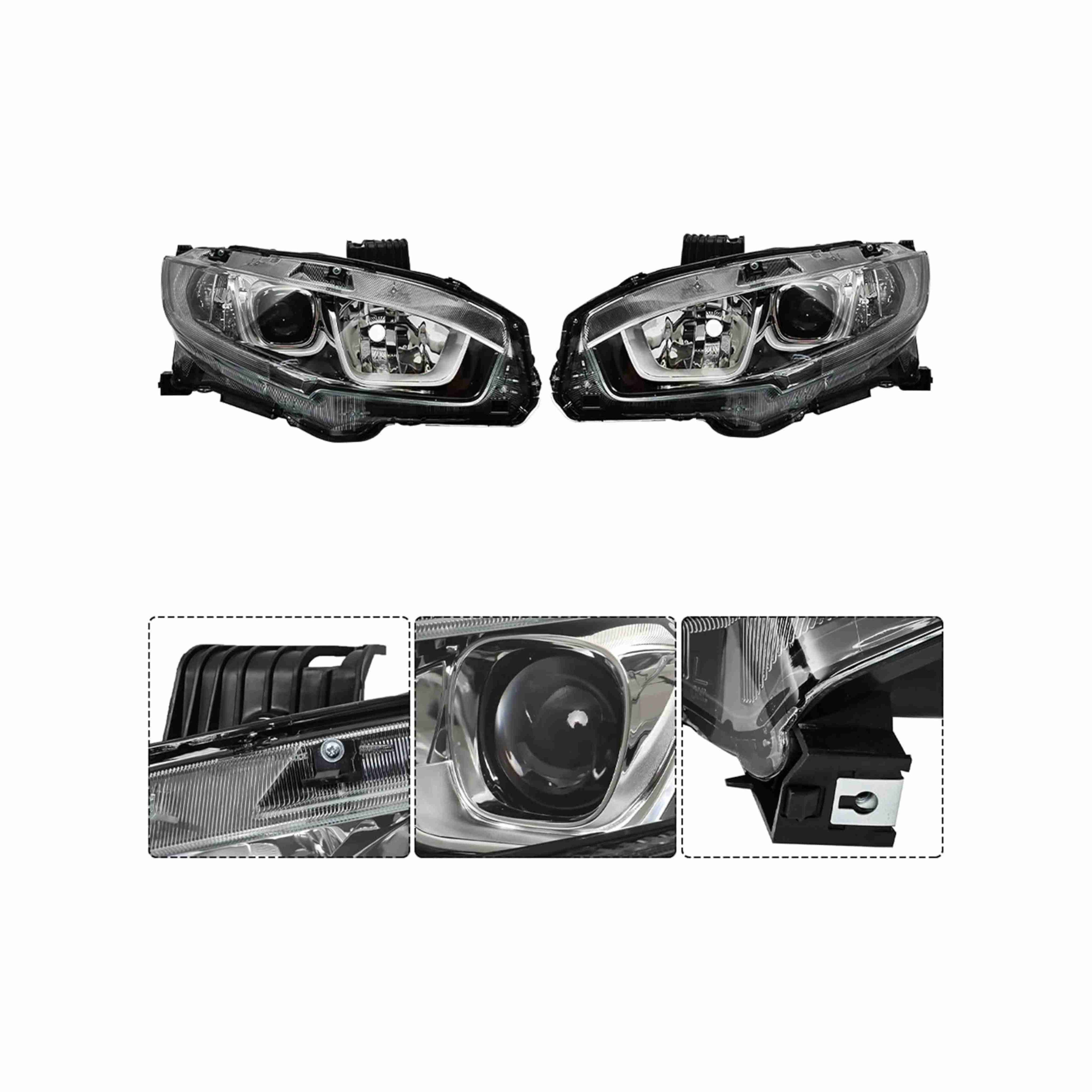 For 2016-2021 Honda Civic Led Light Housing Black Headlamp Clear Lens Headlight Halogen Left+Right