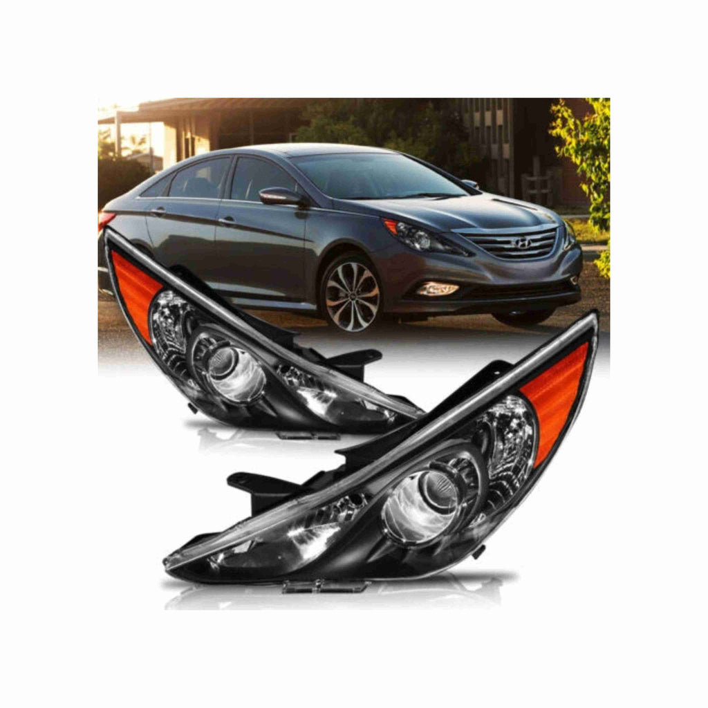 For 2011-2014 Hyundai Sonata Black Headlamp Halogen Clear Headlights Left+Right