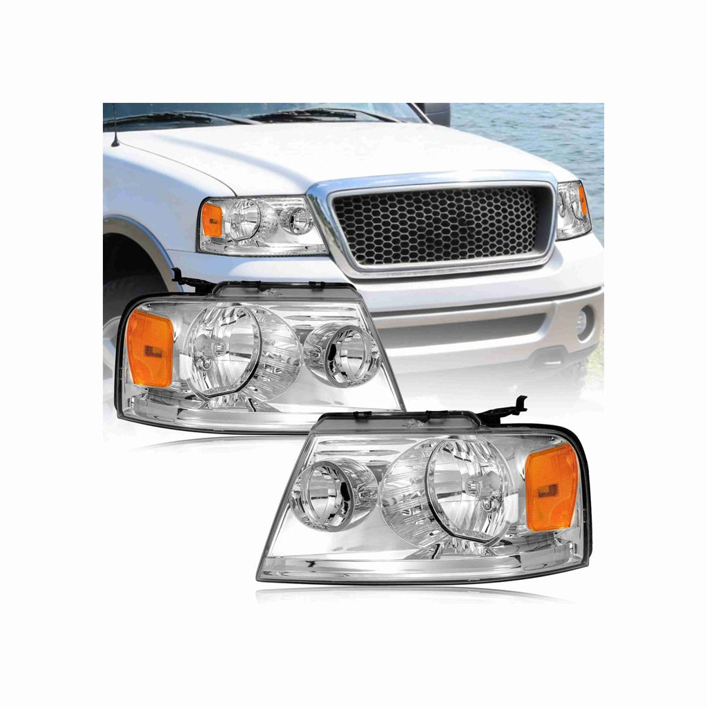 For 04-08 Ford F-150 Lincoln 06-08 Mark LT Headlight HeadLamps Chrome Left+Right