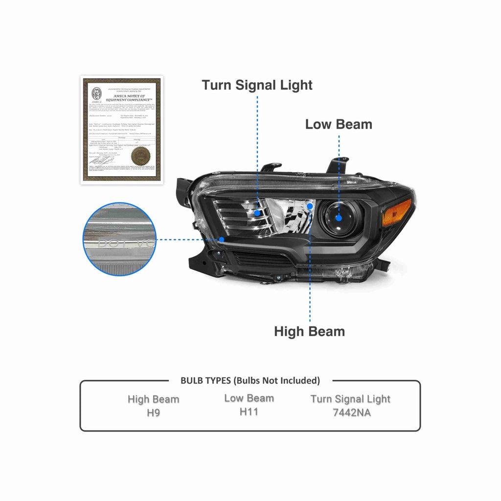 For 16-21 Toyota Tacoma Black Projector Headlight Lamp DRL W/O LED Left+Right