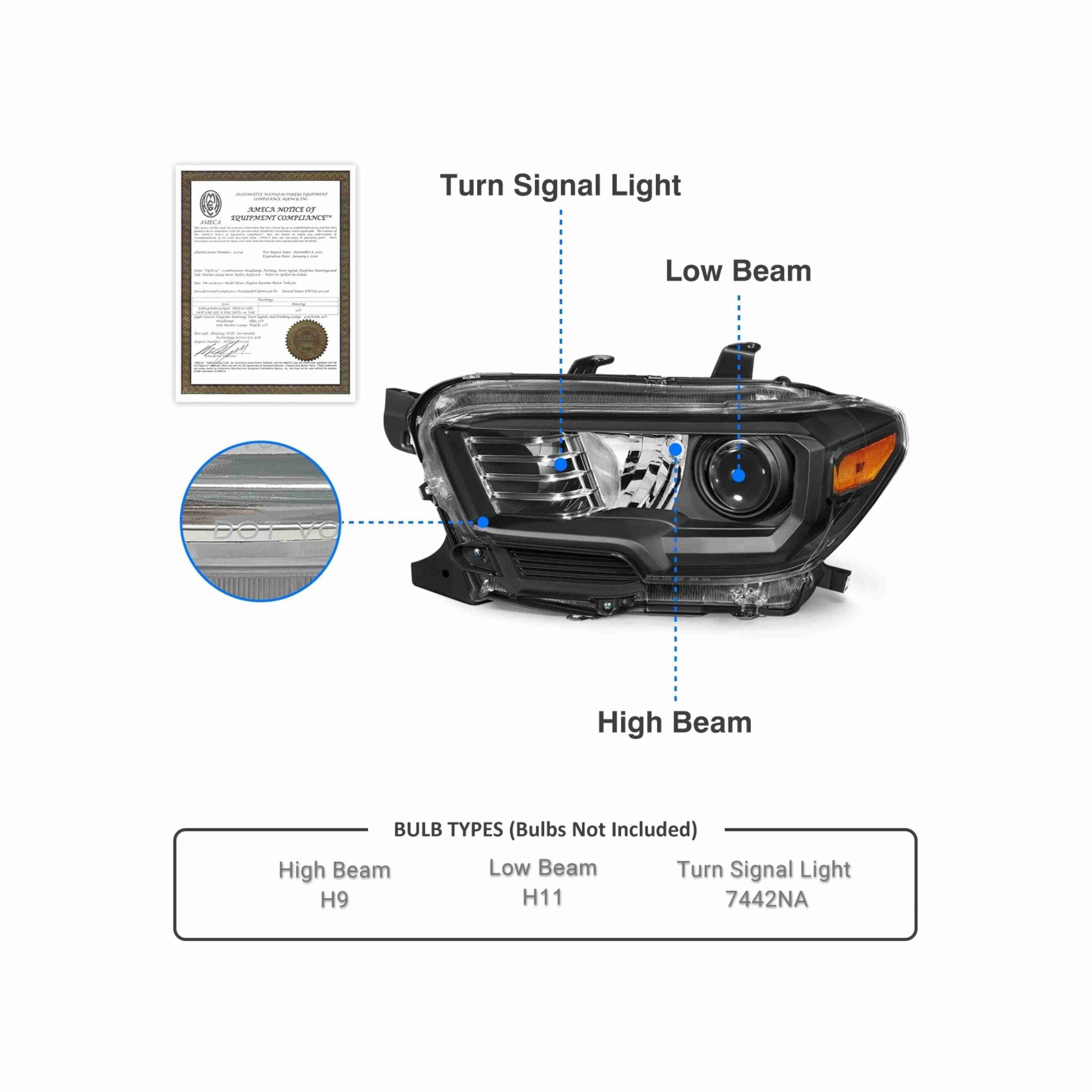 For 16-21 Toyota Tacoma Black Projector Headlight Lamp DRL W/O LED Left+Right