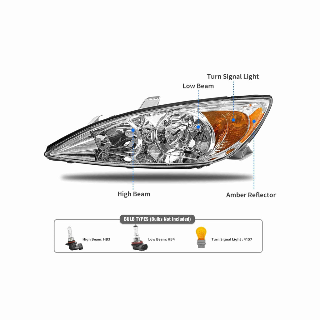 For 2002-2004 Toyota Camry Clear Lens Headlight Assembly Chrome Housing Headlamp Left+Right